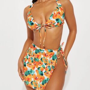3 Piece Floral Orange and Green Bikini Set